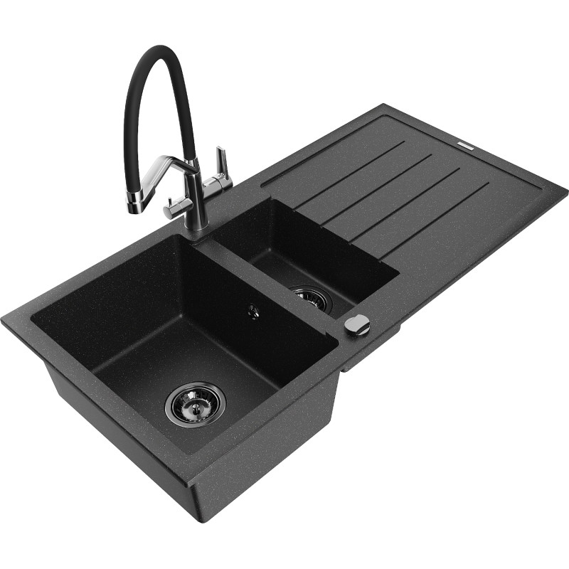 Mexen Andres Granitspüle 1,5-Becken mit Abtropffläche und Küchenarmatur Duo, schwarz/silber - 6515-73-671701-07-B