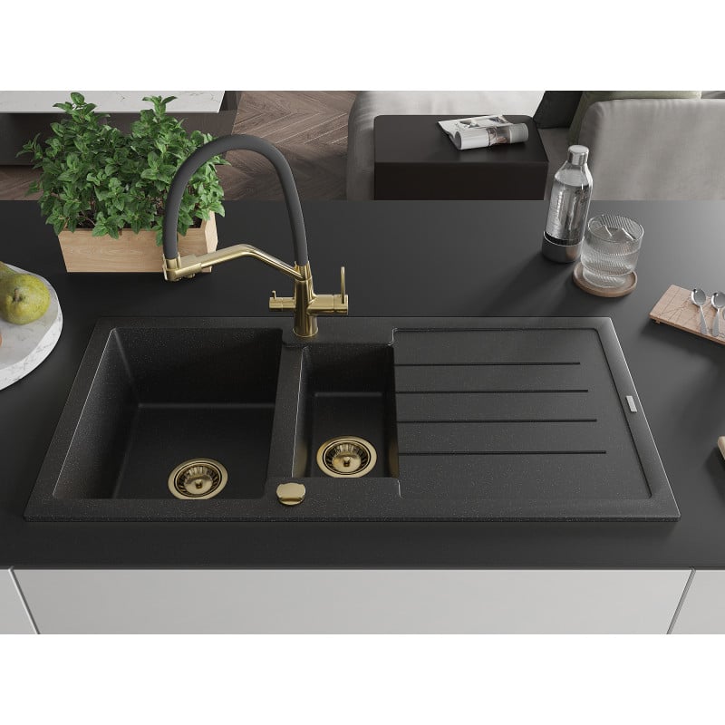 Mexen Andres Granitspüle 1,5-Becken mit Abtropffläche und Küchenarmatur Duo, schwarz/silber - 6515-73-671701-57-G
