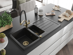 Mexen Andres Granitspüle 1,5-Becken mit Abtropffläche und Küchenarmatur Duo, schwarz/silber - 6515-73-671701-57-G