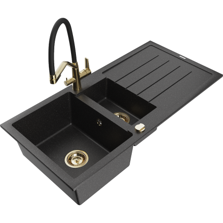 Mexen Andres Granitspüle 1,5-Becken mit Abtropffläche und Küchenarmatur Duo, schwarz/silber - 6515-73-671701-57-G