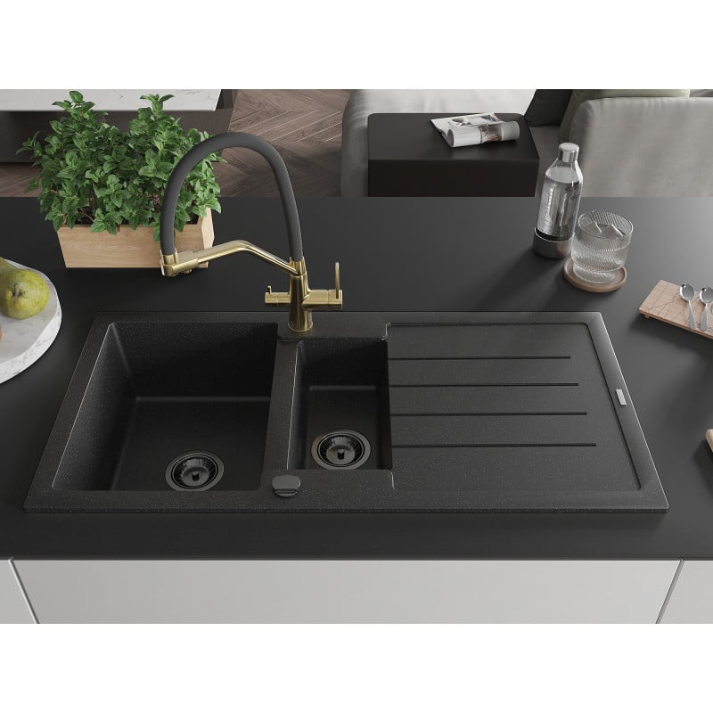 Mexen Andres Granitspüle 1,5-becken mit Abtropffläche und Küchenarmatur Duo, schwarz/silber - 6515-73-671701-57-B
