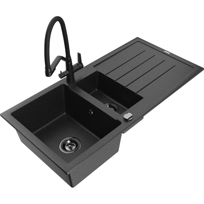 Mexen Andres Granitspüle 1,5-Becken mit Abtropffläche und Küchenarmatur Duo, schwarz/silber - 6515-73-671701-70-B