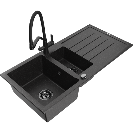 Mexen Andres Granitspüle 1,5-Becken mit Abtropffläche und Küchenarmatur Duo, schwarz/silber - 6515-73-671701-70-B