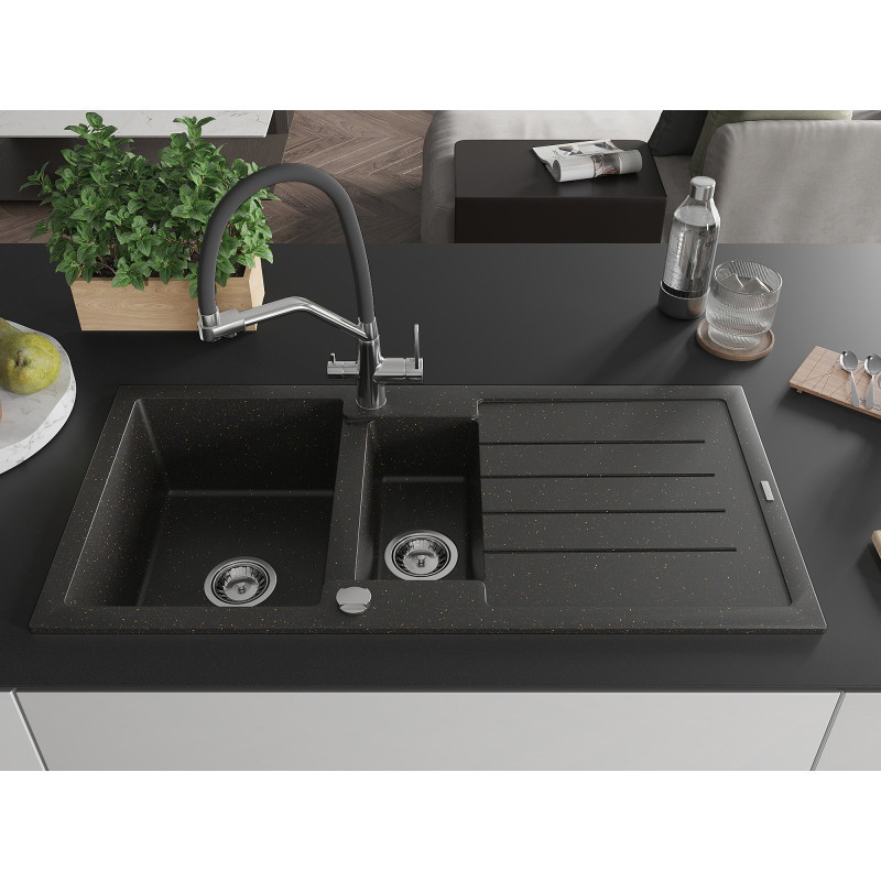 Mexen Andres Granitspüle 1,5-Becken mit Abtropffläche und Küchenarmatur Duo, schwarz/gold Metallic - 6515-75-671701-07