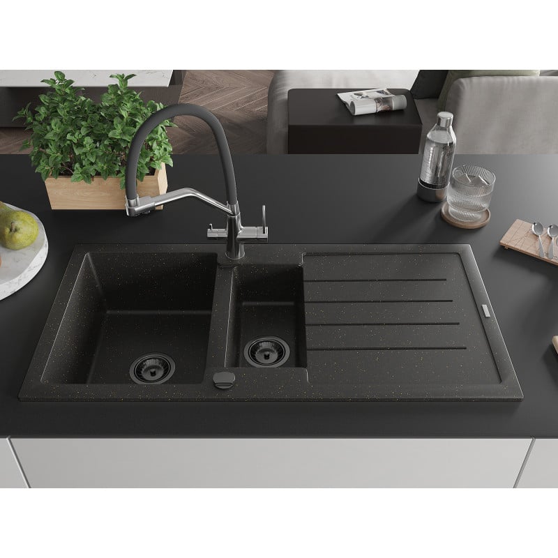 Mexen Andres Granitspüle 1,5-fach mit Abtropffläche und Küchenarmatur Duo, schwarz/gold metallic - 6515-75-671701-07-B