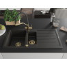 Mexen Andres Granitspüle 1,5-Kammern mit Abtropffläche und Küchenarmatur Duo, schwarz/gold metallic - 6515-75-671701-57-G