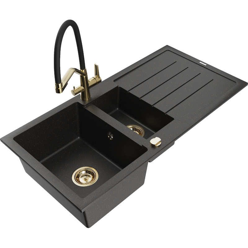 Mexen Andres Granitspüle 1,5-Kammern mit Abtropffläche und Küchenarmatur Duo, schwarz/gold metallic - 6515-75-671701-57-G