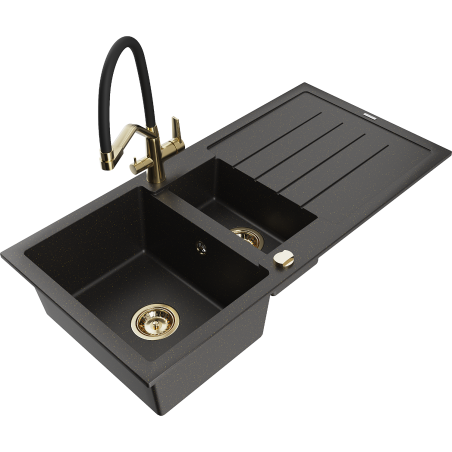 Mexen Andres Granitspüle 1,5-Kammern mit Abtropffläche und Küchenarmatur Duo, schwarz/gold metallic - 6515-75-671701-57-G