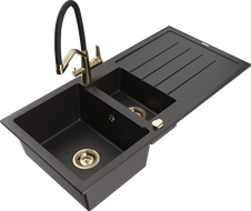 Mexen Andres Granitspüle 1,5-Kammern mit Abtropffläche und Küchenarmatur Duo, schwarz/gold metallic - 6515-75-671701-57-G