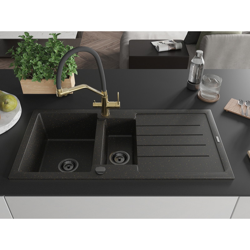 Mexen Andres granitspüle 1,5-becken mit abtropffläche und duo küchenarmatur, schwarz/gold metallic - 6515-75-671701-57-B