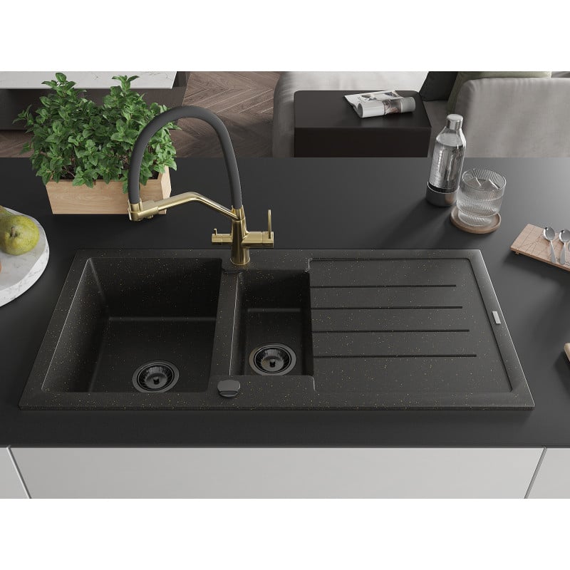 Mexen Andres Granitspüle 1,5-Becken mit Abtropffläche und Küchenarmatur Duo, schwarz/gold metallic - 6515-75-671701-57-B