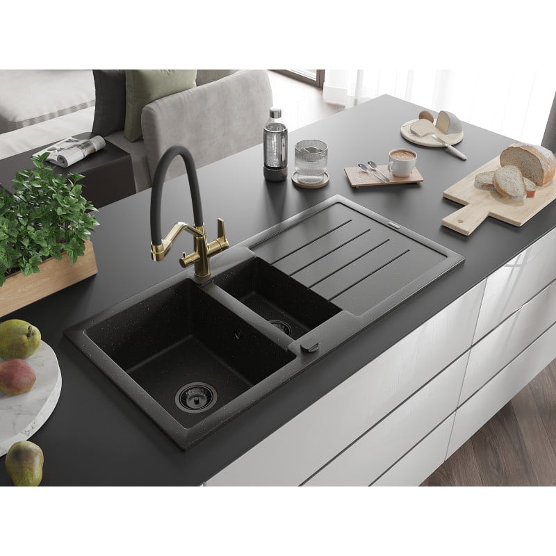 Mexen Andres Granitspüle 1,5-Becken mit Abtropffläche und Küchenarmatur Duo, schwarz/gold metallic - 6515-75-671701-57-B