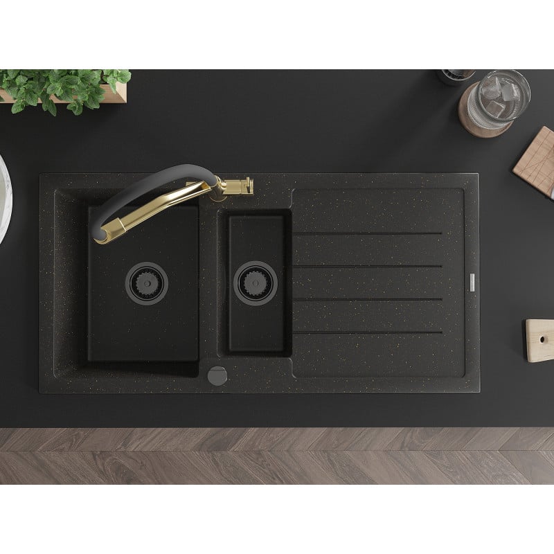 Mexen Andres Granitspüle 1,5-Becken mit Abtropffläche und Küchenarmatur Duo, schwarz/gold metallic - 6515-75-671701-57-B