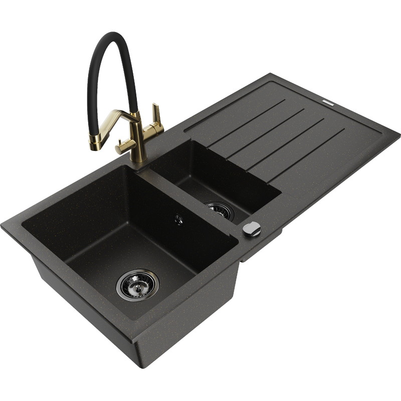 Mexen Andres granitspüle 1,5-becken mit abtropffläche und duo küchenarmatur, schwarz/gold metallic - 6515-75-671701-57-B