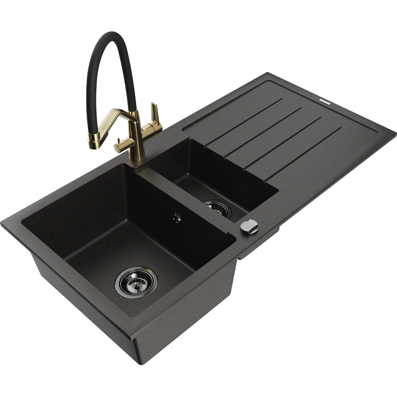 Mexen Andres Granitspüle 1,5-Becken mit Abtropffläche und Küchenarmatur Duo, schwarz/gold metallic - 6515-75-671701-57-B