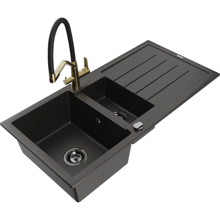 Mexen Andres Granitspüle 1,5-Becken mit Abtropffläche und Küchenarmatur Duo, schwarz/gold metallic - 6515-75-671701-57-B