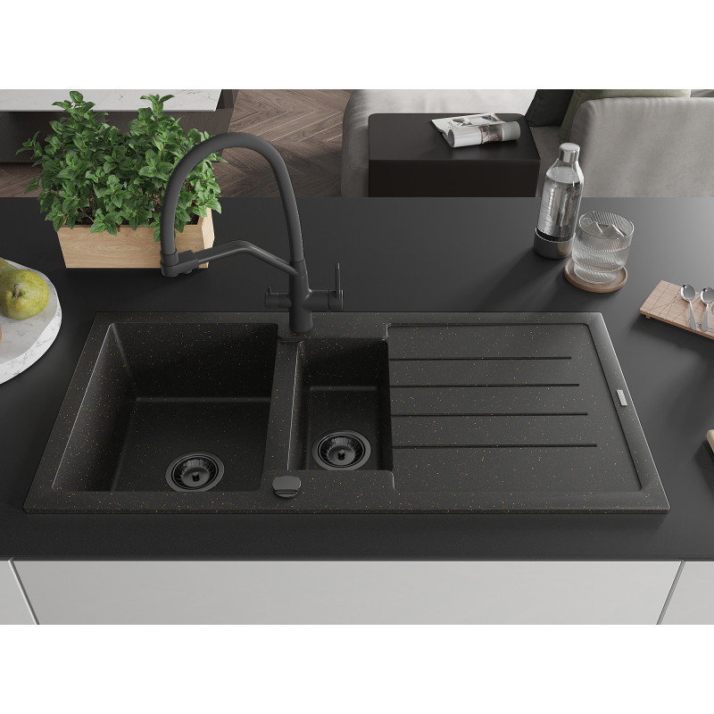 Mexen Andres Granitspüle 1,5-Kammer mit Abtropffläche und Küchenarmatur Duo, schwarz/gold metallic - 6515-75-671701-70-B