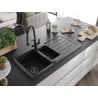 Mexen Andres Granitspüle 1,5-Bowl mit Abtropffläche und Küchenarmatur Duo, schwarz - 6515-77-671701-70-B