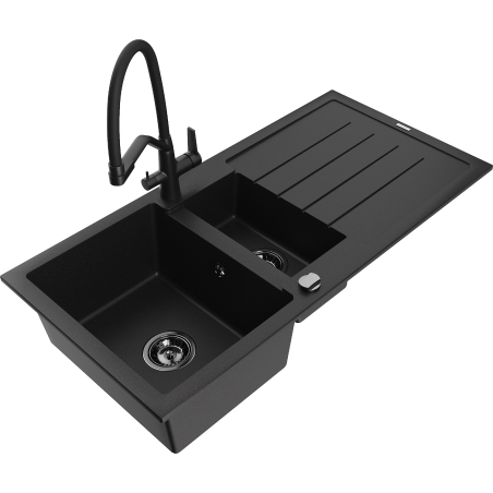 Mexen Andres Granitspüle 1,5-Bowl mit Abtropffläche und Küchenarmatur Duo, schwarz - 6515-77-671701-70-B