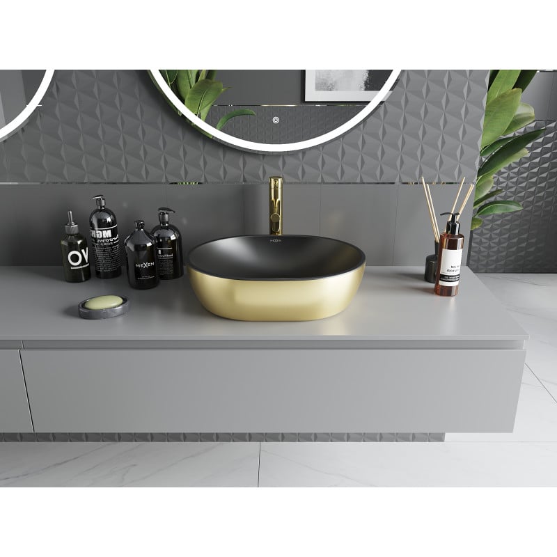 Mexen Viki Aufsatzwaschbecken 48 x 35 cm, Schwarz matt/Gold - 21054876