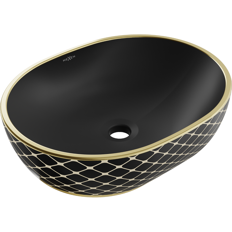 Mexen Viki Aufsatzwaschbecken 48 x 35 cm, schwarz matt/gold, Karomuster - 21054879