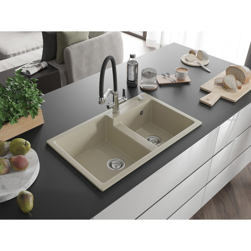 Mexen Tomas granitspüle 2-becken mit Küchenarmatur Duo, beige - 6516-69-671701-07