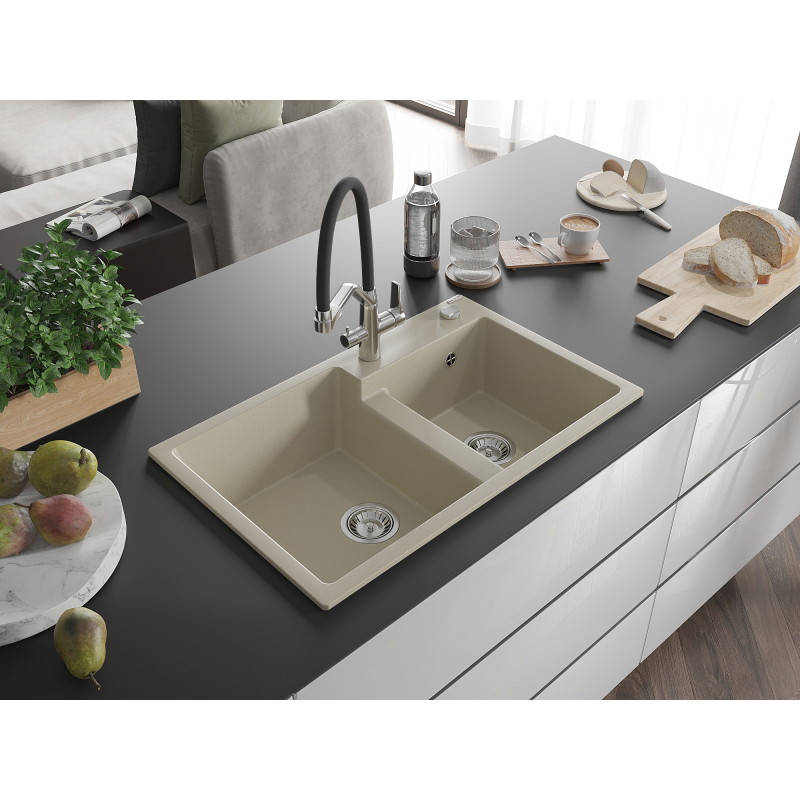 Mexen Tomas granitspüle mit 2 Becken und Küchenarmatur Duo, beige - 6516-69-671701-07