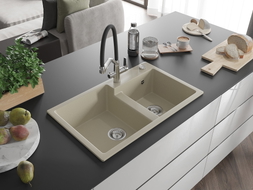 Mexen Tomas granitspüle 2-becken mit Küchenarmatur Duo, beige - 6516-69-671701-07