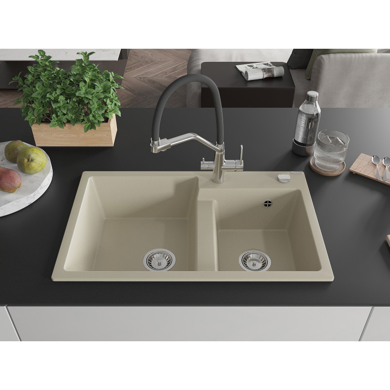 Mexen Tomas granitspüle 2-becken mit Küchenarmatur Duo, beige - 6516-69-671701-07