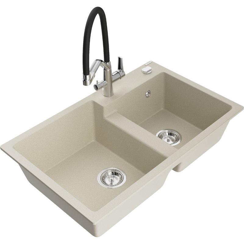 Mexen Tomas granitspüle 2-becken mit Küchenarmatur Duo, beige - 6516-69-671701-07