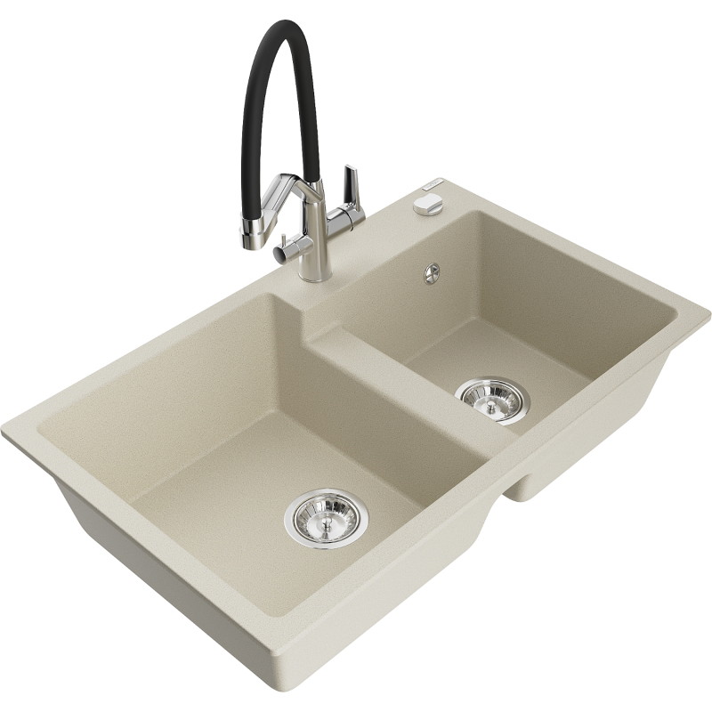 Mexen Tomas granitspüle mit 2 Becken und Küchenarmatur Duo, beige - 6516-69-671701-07