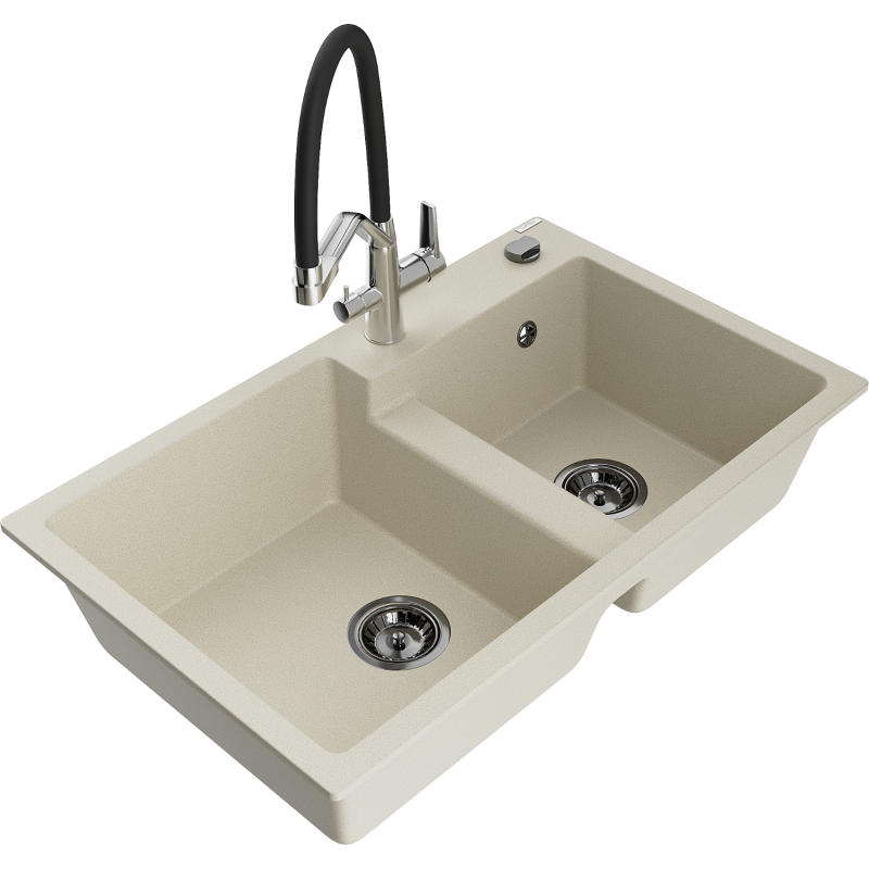 Mexen Tomas Granitspüle 2-Kammer mit Küchenarmatur Duo, beige - 6516-69-671701-07-B