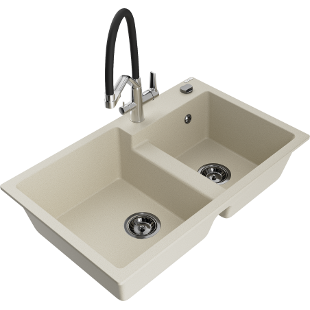 Mexen Tomas Granitspüle 2-Kammer mit Küchenarmatur Duo, beige - 6516-69-671701-07-B