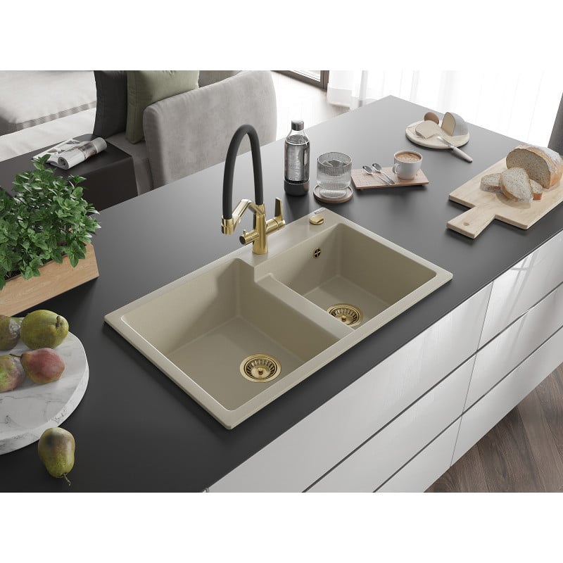 Mexen Tomas Granitspüle 2-Kammern mit Küchenarmatur Duo, beige - 6516-69-671701-57-G