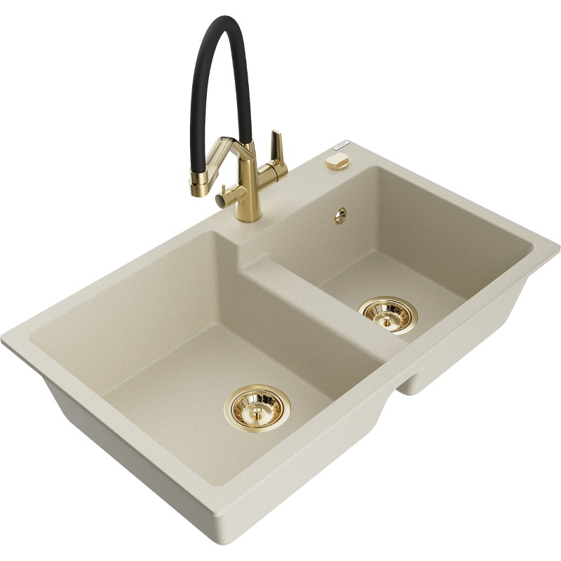 Mexen Tomas Granitspüle 2-Kammer mit Küchenarmatur Duo, beige - 6516-69-671701-57-G