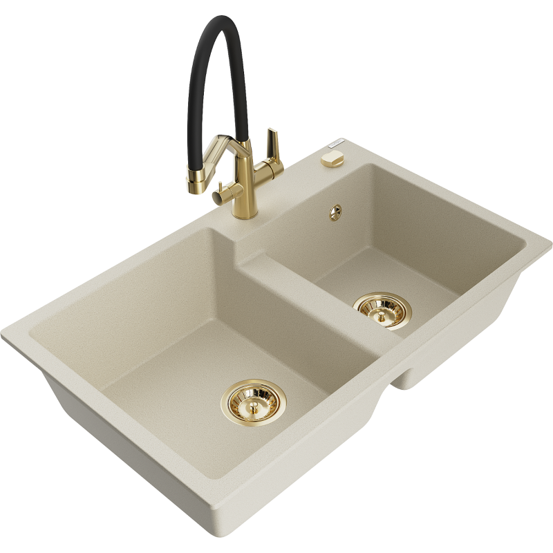 Mexen Tomas Granitspüle 2-Kammern mit Küchenarmatur Duo, beige - 6516-69-671701-57-G