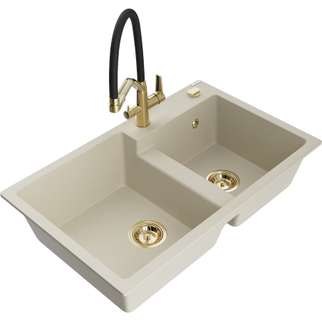 Mexen Tomas Granitspüle 2-Kammern mit Küchenarmatur Duo, beige - 6516-69-671701-57-G