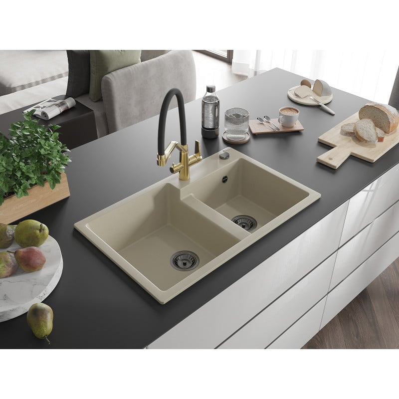 Mexen Tomas Granitspüle 2-beckig mit Küchenarmatur Duo, beige - 6516-69-671701-57-B