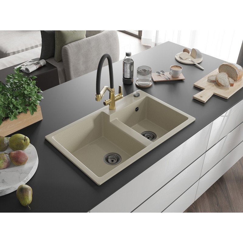 Mexen Tomas Granitspüle mit 2 Becken und Küchenarmatur Duo, beige - 6516-69-671701-57-B