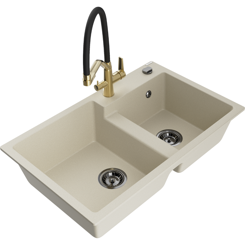 Mexen Tomas Granitspüle 2-beckig mit Küchenarmatur Duo, beige - 6516-69-671701-57-B