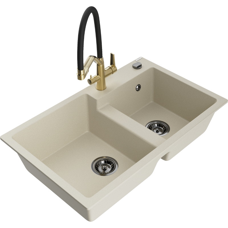 Mexen Tomas Granitspüle 2-Kammern mit Küchenarmatur Duo, beige - 6516-69-671701-57-B