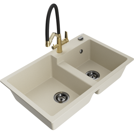 Mexen Tomas Granitspüle 2-beckig mit Küchenarmatur Duo, beige - 6516-69-671701-57-B