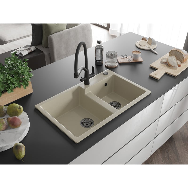 Mexen Tomas Granitspüle 2-Kammer mit Küchenarmatur Duo, beige - 6516-69-671701-70-B