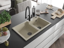 Mexen Tomas Granitspüle 2-Kammer mit Küchenarmatur Duo, beige - 6516-69-671701-70-B