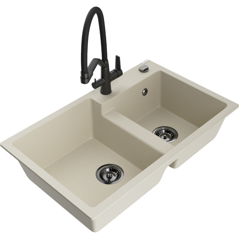 Mexen Tomas Granitspüle 2-Becken mit Küchenarmatur Duo, beige - 6516-69-671701-70-B