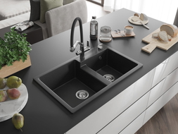 Mexen Tomas Granitspüle 2-Becken mit Küchenarmatur Duo, schwarz/silber metallic - 6516-73-671701-07