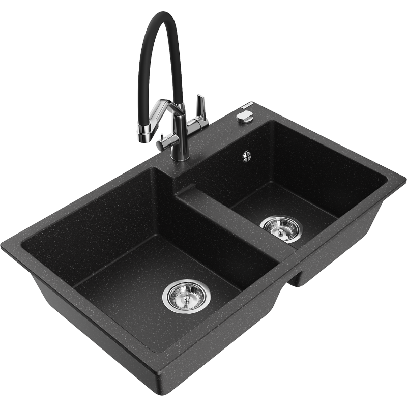 Mexen Tomas Granitspüle 2-Becken mit Küchenarmatur Duo, schwarz/silber metallic - 6516-73-671701-07
