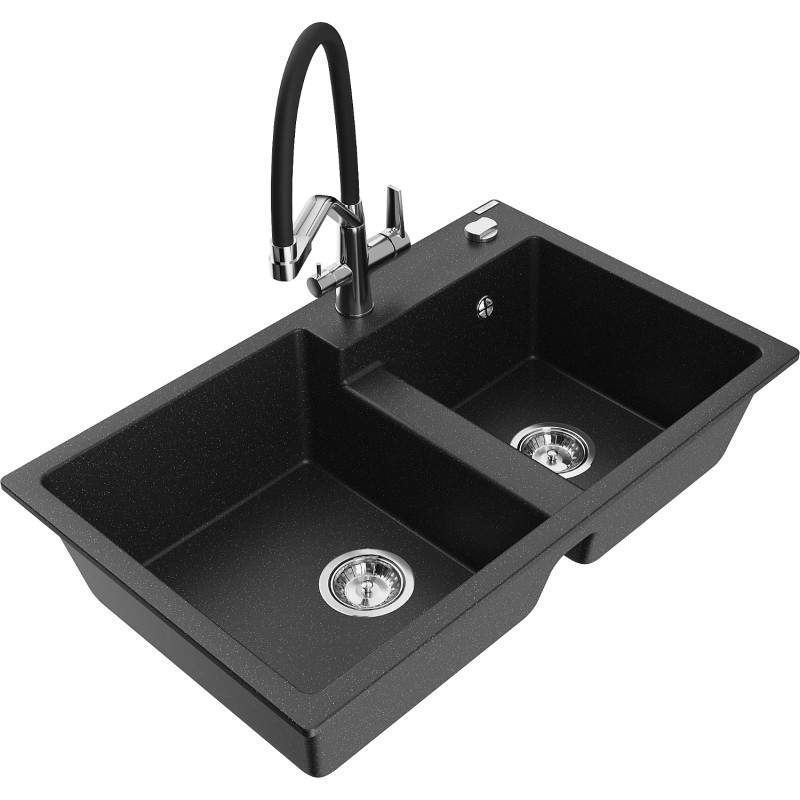 Mexen Tomas Granitspüle 2-Kammern mit Küchenarmatur Duo, schwarz/silber metallisch - 6516-73-671701-07