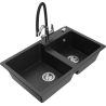 Mexen Tomas Granitspüle 2-Becken mit Küchenarmatur Duo, schwarz/silber metallic - 6516-73-671701-07