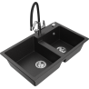 Mexen Tomas Granitspüle 2-Kammern mit Küchenarmatur Duo, schwarz/silber metallic - 6516-73-671701-07
